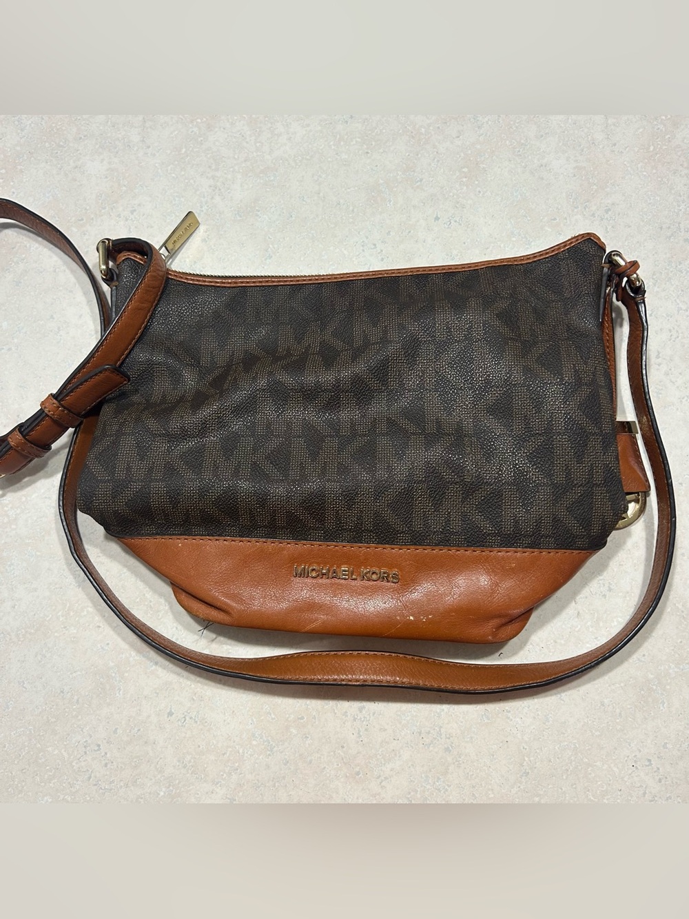 Michael Kors Brown Signature MK Canvas and Cognac Leather Shoulder Bag